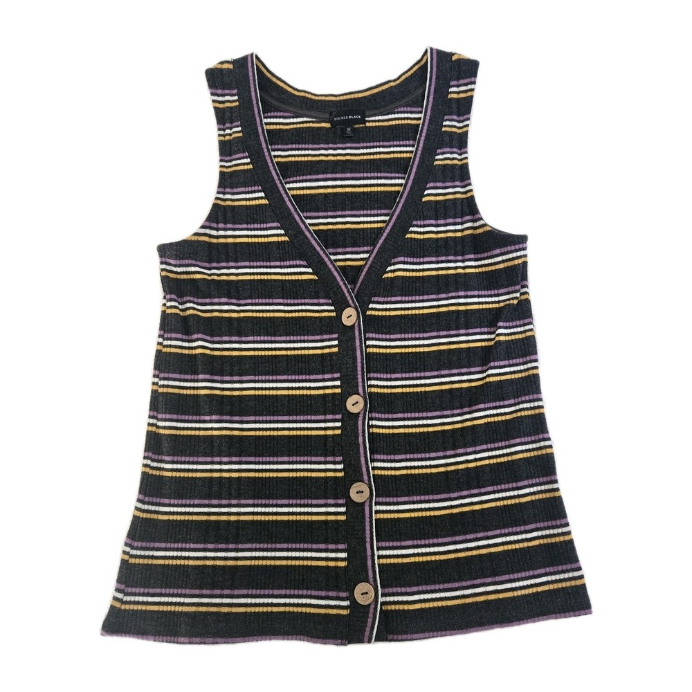 Buckle Black Womens Vest Top Button Purple‎ Yellow Striped 90s Y2K Preppy Medium